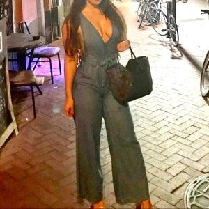 Medium Jean Halter Style Flare Leg Jumpsuit